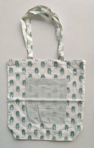 Reversible Sage Booti & stripe Tote Bag with Extra Front Pocket, Easy to Carry, Cotton Fabric.