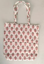 Reversible Coral Booti & stripe Tote Bag with Extra Front Pocket, Easy to Carry, Cotton Fabric.
