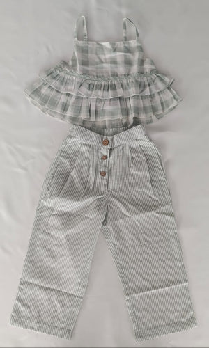 Adorable 2-Piece Sage Checks Top & Striped Pants Set for Kids & Infants