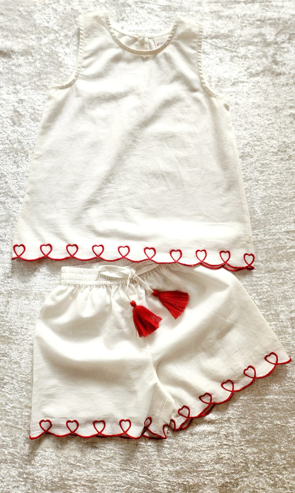 Heart-Embroidered Cotton Top & Shorts Set