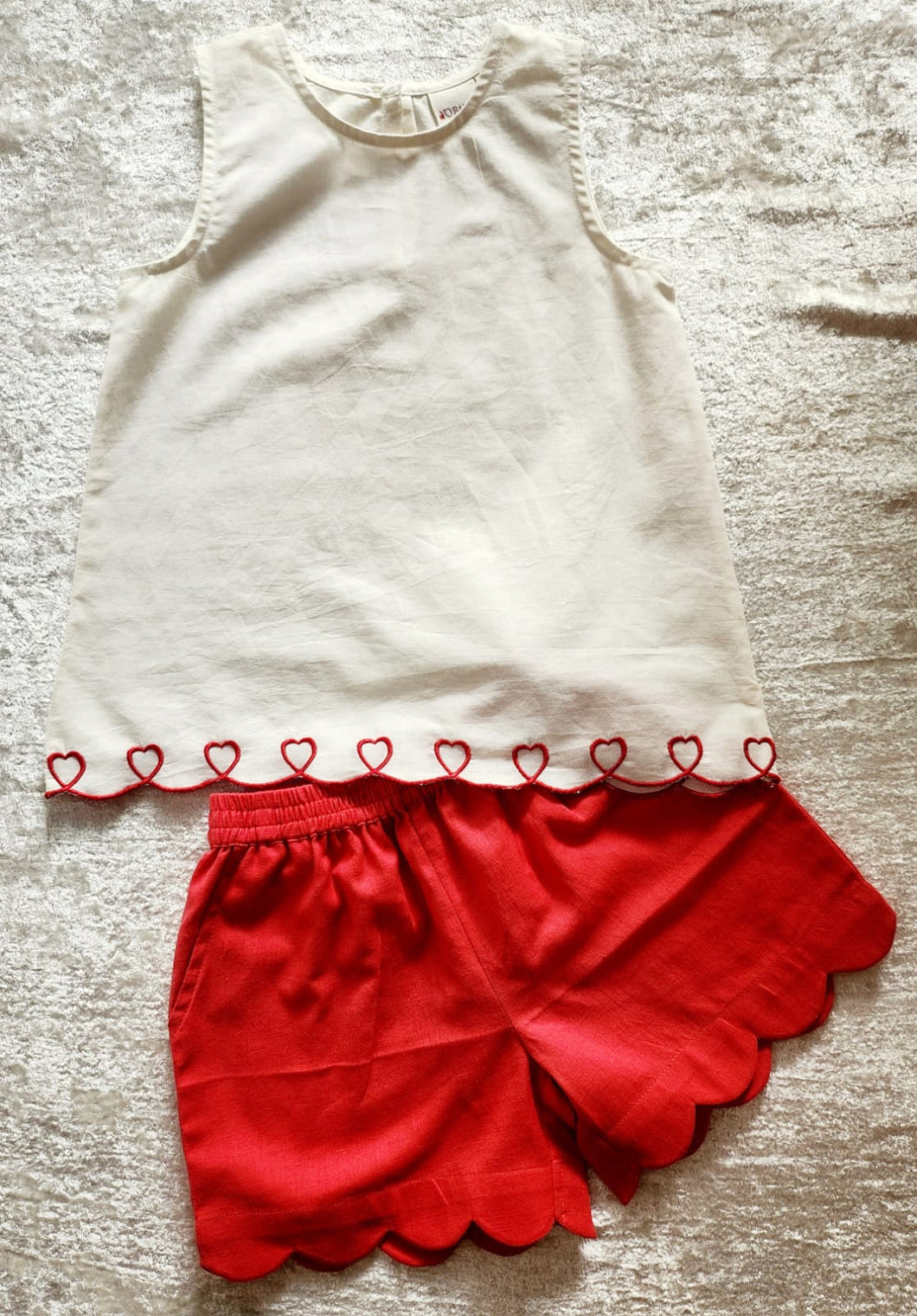 Heart Embroidered Top & Scalloped Shorts Set