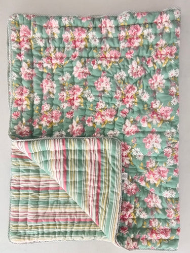 Reversible Quilted Blanket- Printed Green & Stripe