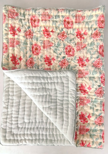 Reversible Quilted Blanket -  Sage & Red Print & Sage Stripes