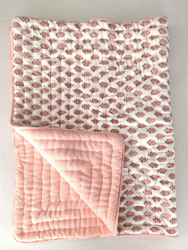 Reversible Quilted Blanket -  Coral booti Printed & Coral Stripes