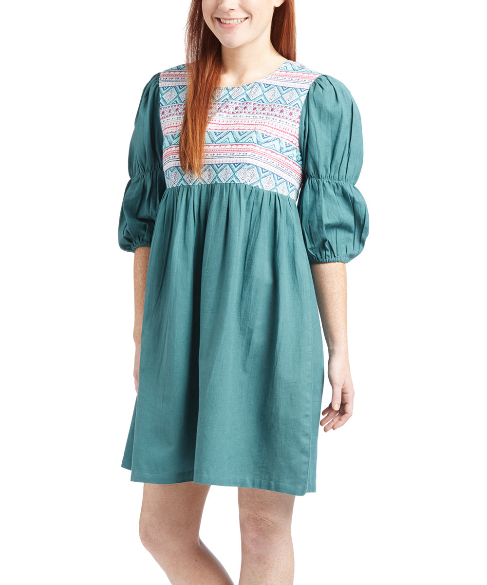 Pink & Teal Geometric Puff-Sleeve Dress