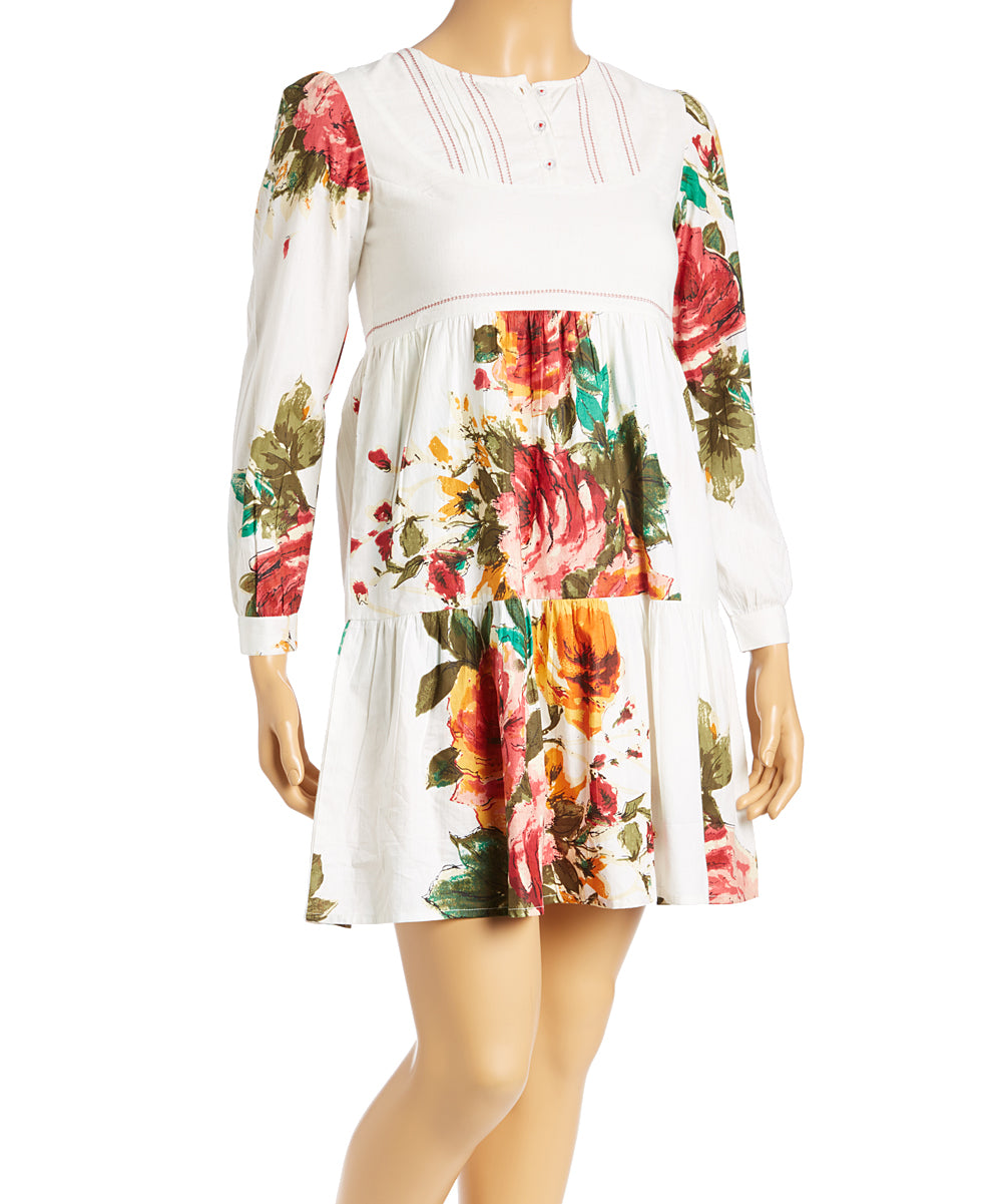 White Floral Long-Sleeve Dress