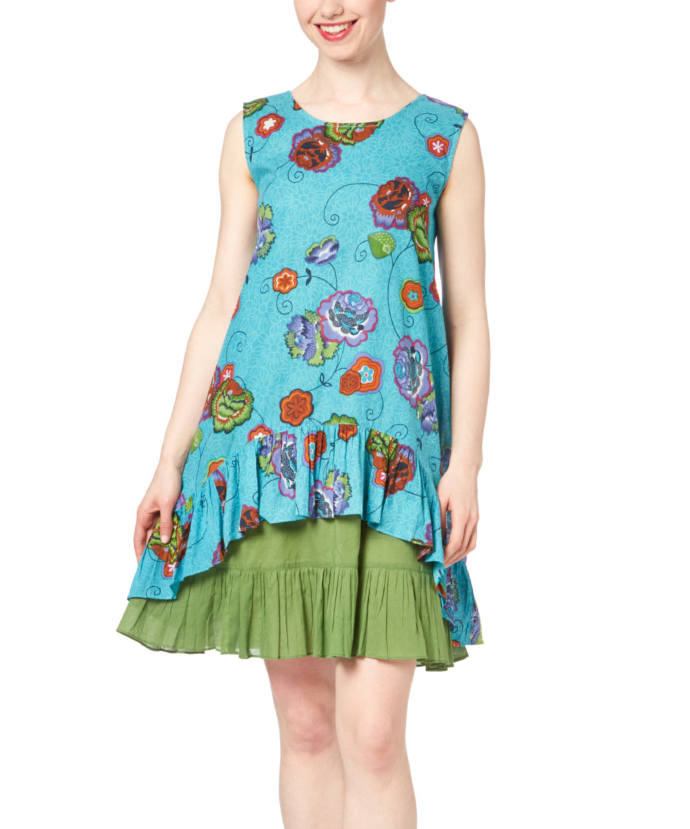 Blue & Green Floral Ruffle Dress