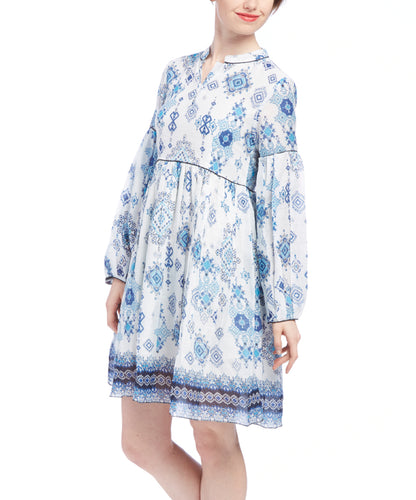 Robe trapèze géométrique blanche et bleue