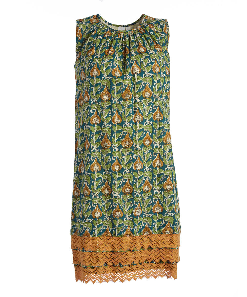 Green & Yellow Floral Lace-Hem Shift Dress