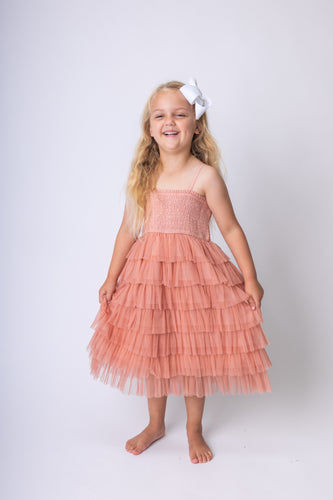 Dark Pink Tulle Solid Color Tiered Ruffle Dress