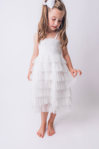 White Tulle Solid Color Tiered Ruffle Dress