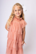Dark Pink Tulle Solid Color Neck & Sleeve Ruffled Tiered Dress