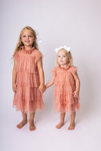 Dark Pink Tulle Solid Color Neck & Sleeve Ruffled Tiered Dress