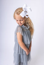 Grey Tulle Solid Color Neck & Sleeve Ruffled Tiered Dress