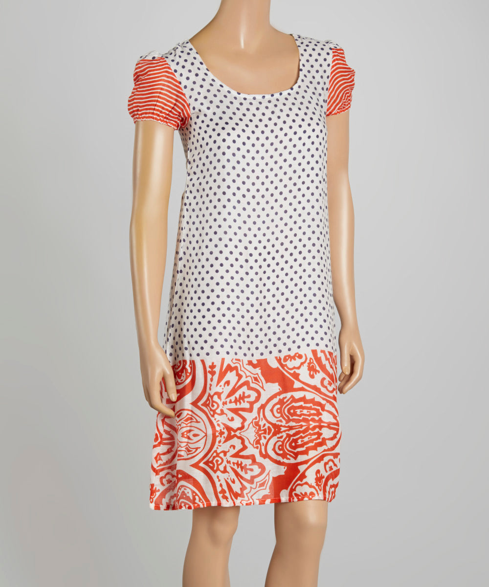 White & Orange Polka Dot Floral Shift Dress