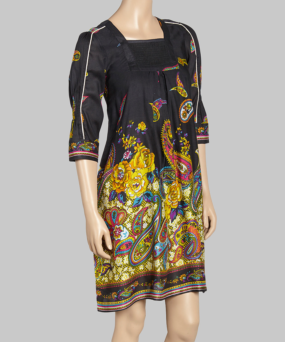 Black & Gold Shirred Paisley Dress