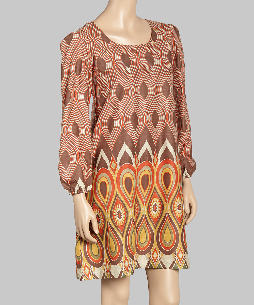 Brown & Red Puff-Sleeve Dress - Women