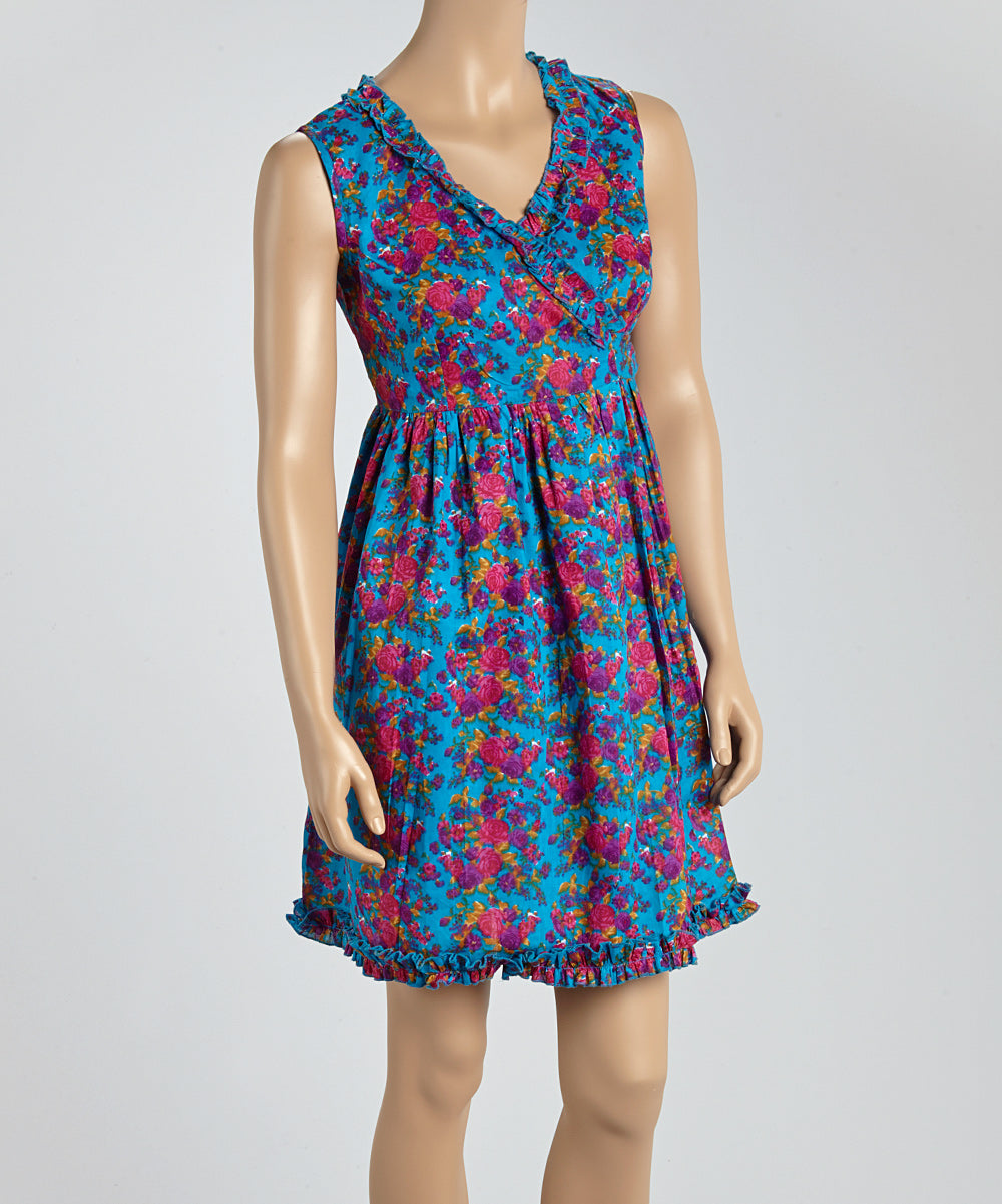 Blue & Pink Floral Surplice Dress & Headband