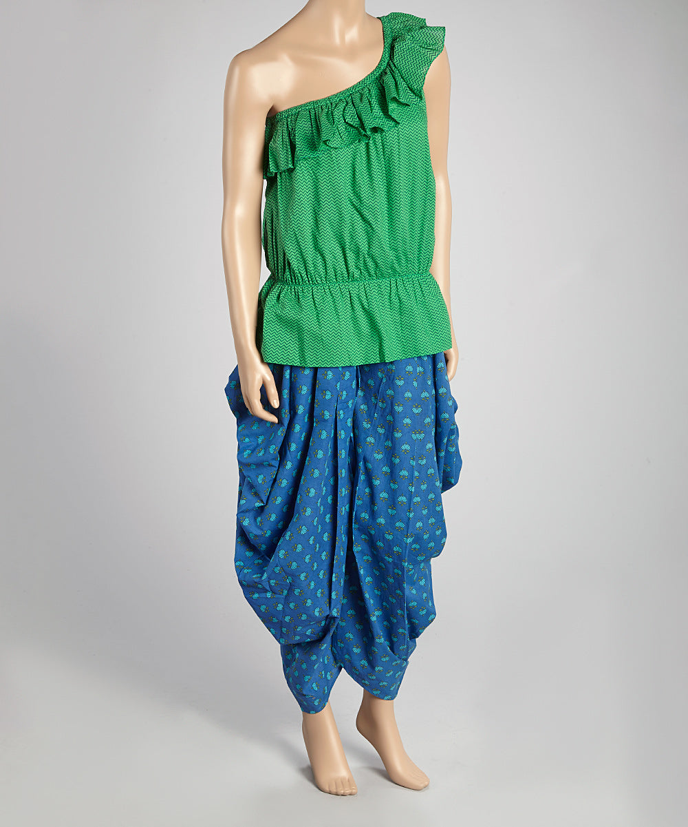 Green Asymmetrical Top & Blue Pants