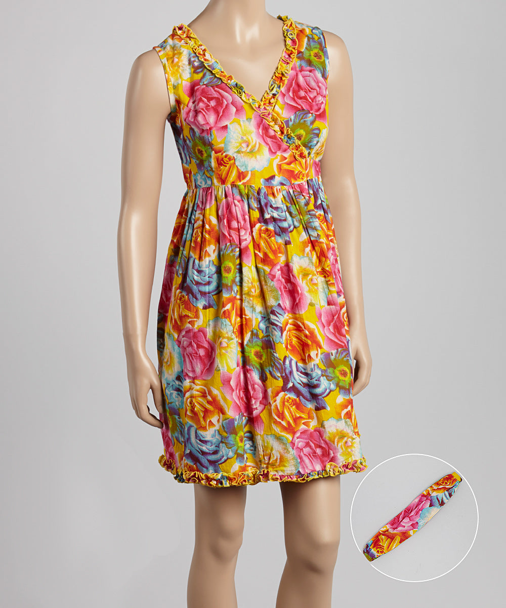 Yellow Floral Surplice Dress & Headband