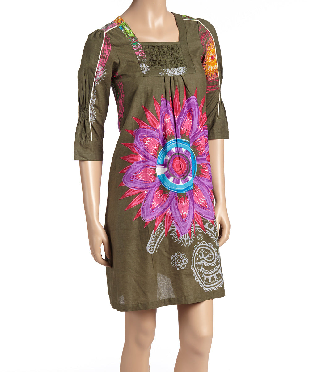 Green & Magenta Floral Shirred Shift Dress