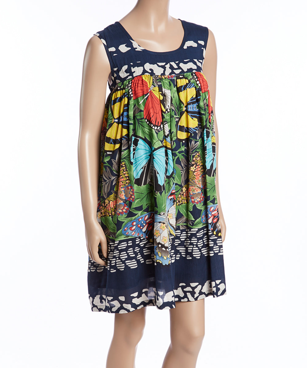 Navy & Green Butterfly Babydoll Dress