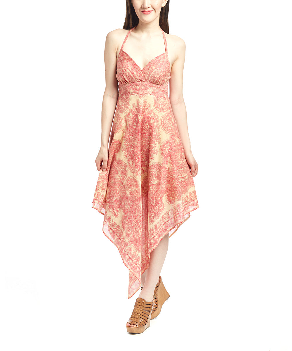 Robe mouchoir rose et marron clair à motif cachemire