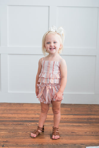 Baby Pink Solid Color Lurex Ruffle Top & Shorts Set