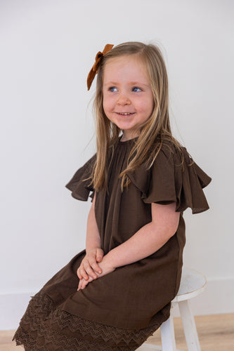 Brown Solid Color Sleeve & Neck Gathered Dress