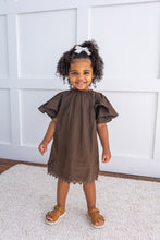 Brown Solid Color Sleeve & Neck Gathered Dress