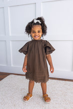 Brown Solid Color Sleeve & Neck Gathered Dress