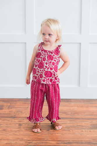 Printed Hot Pink Top with Striped Ruffle Pants 2 pc. Set