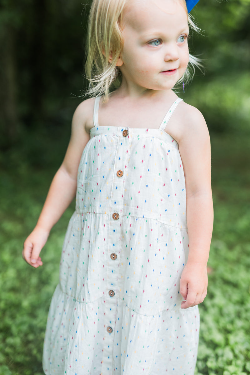 White Multicolor Dot Cotton Dobby Tiered Dress and Bloomers