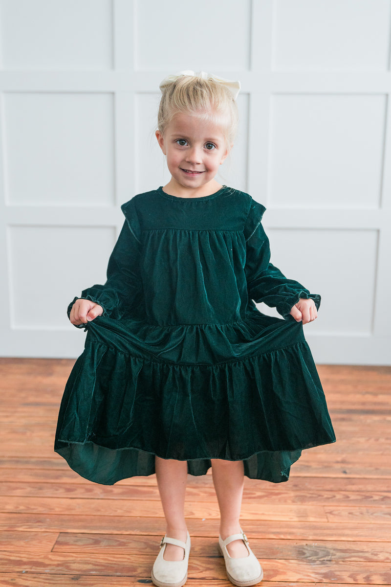 Emerald Green Solid Tiered Long Sleeve Dress