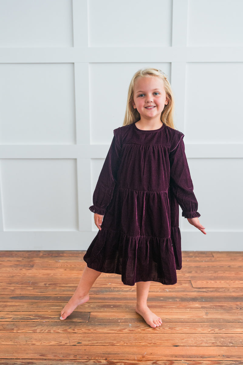 Burgundy Solid Tiered Long Sleeve Dress