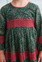 Green & Maroon Printed Long Sleeve Lace Detail Dress