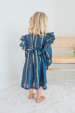 Navy Solid Color Lurex Ruffle Long Sleeve Dress