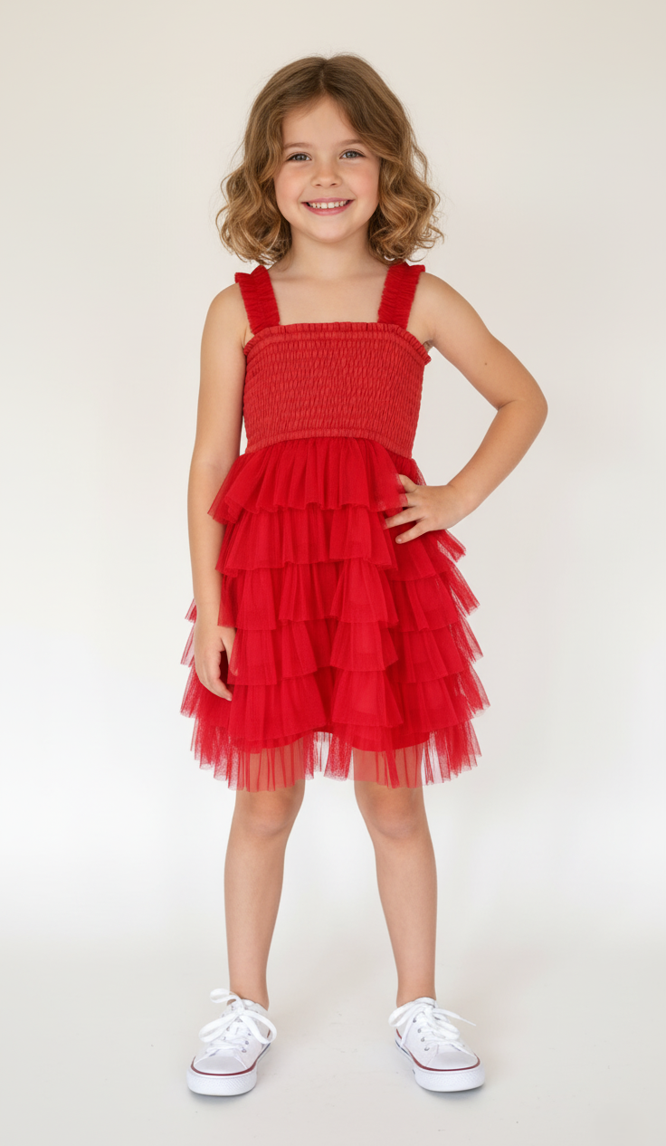 Red Tulle Solid Color Tiered Ruffle Dress