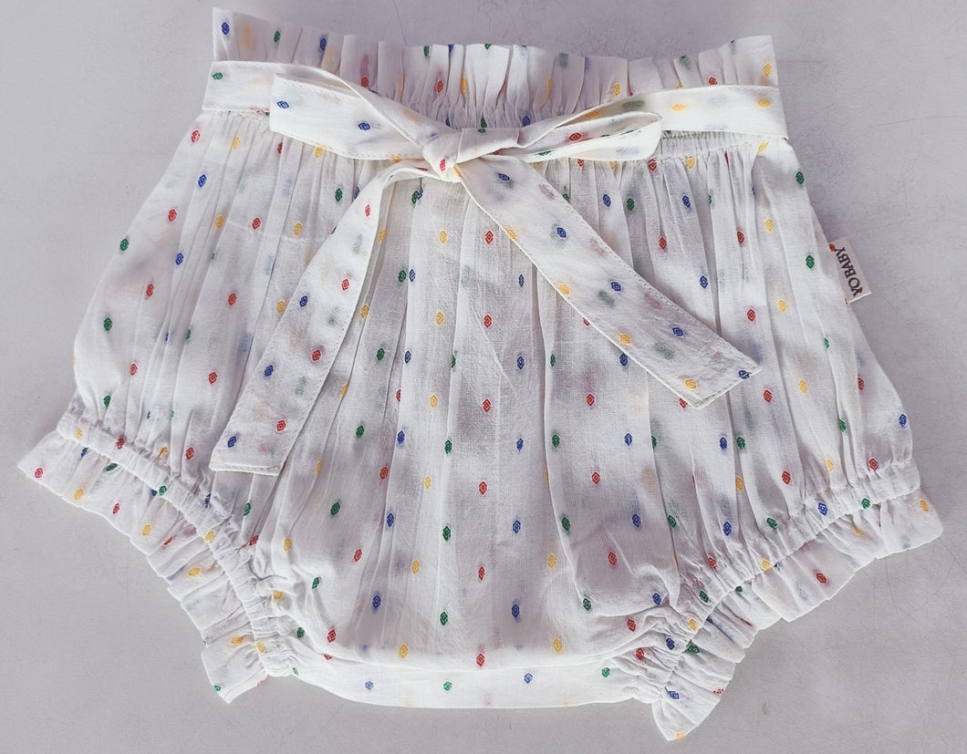 White Multicolor Dot Cotton Dobby Shorts-Style Diaper Cover