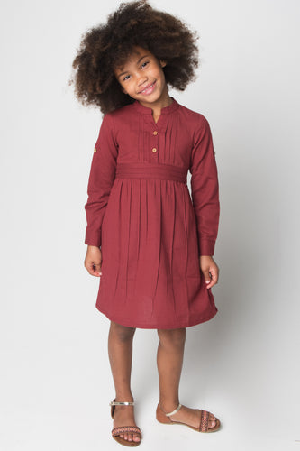 Maroon Pleated Notch Dress with Belt and Button Closure - Kids Wholesale Boutique Clothing, Shirt-Dress - Girls Dresses, Yo Baby Wholesale - Yo Baby