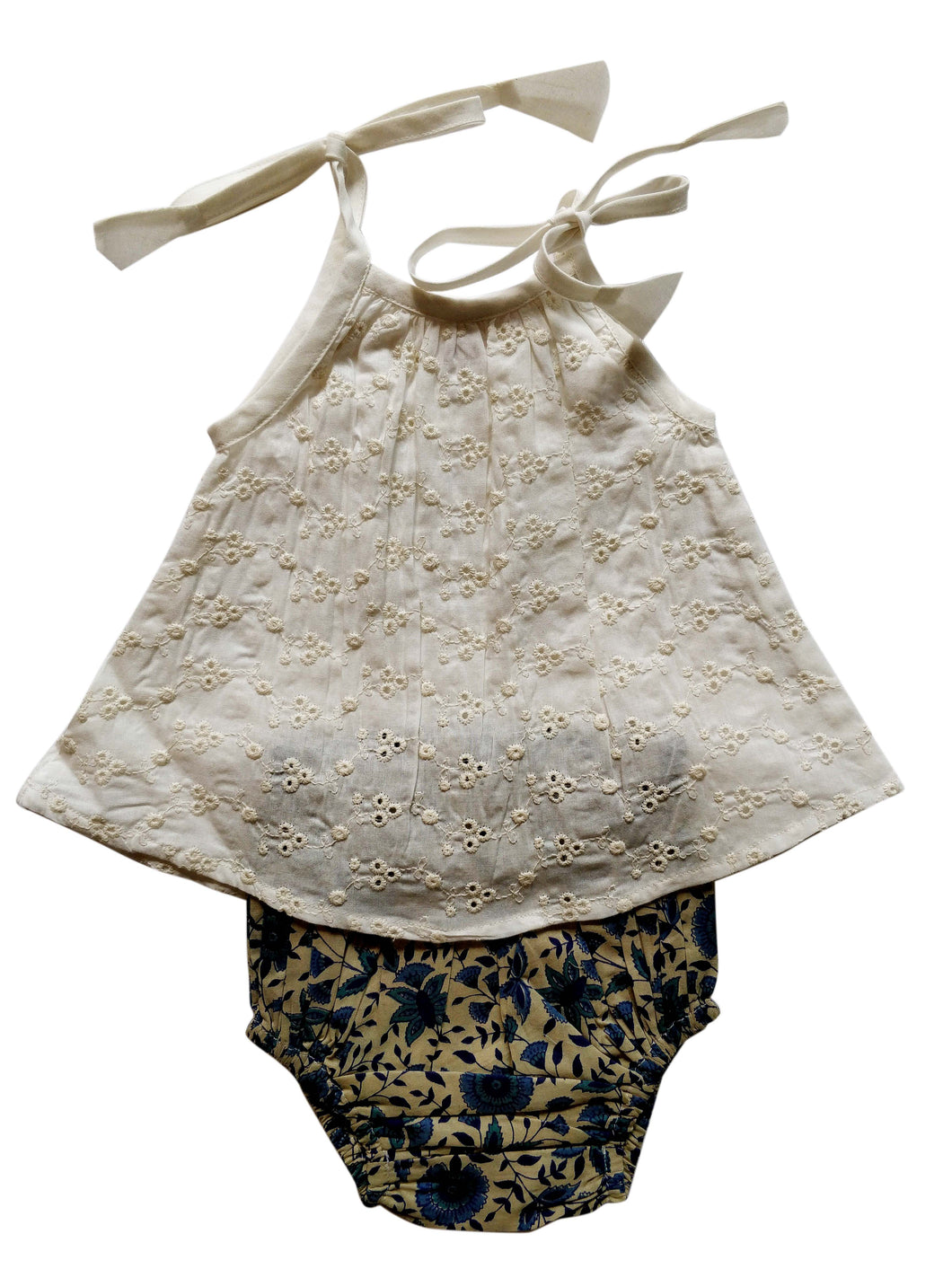 Embroidered Oatmeal Tie-Top & printed Diaper Cover 2pc.set