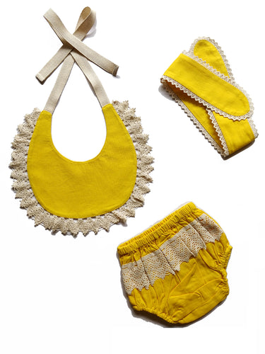 Set of 3 - Crochet Diaper Cover with Matching Bib & Headband in Yellow