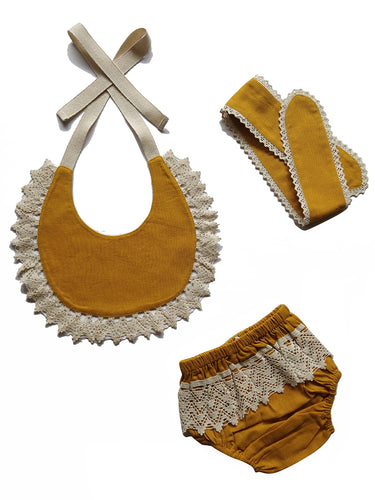 Set of 3 - Crochet Diaper Cover with Matching Bib & Headband in Mustard