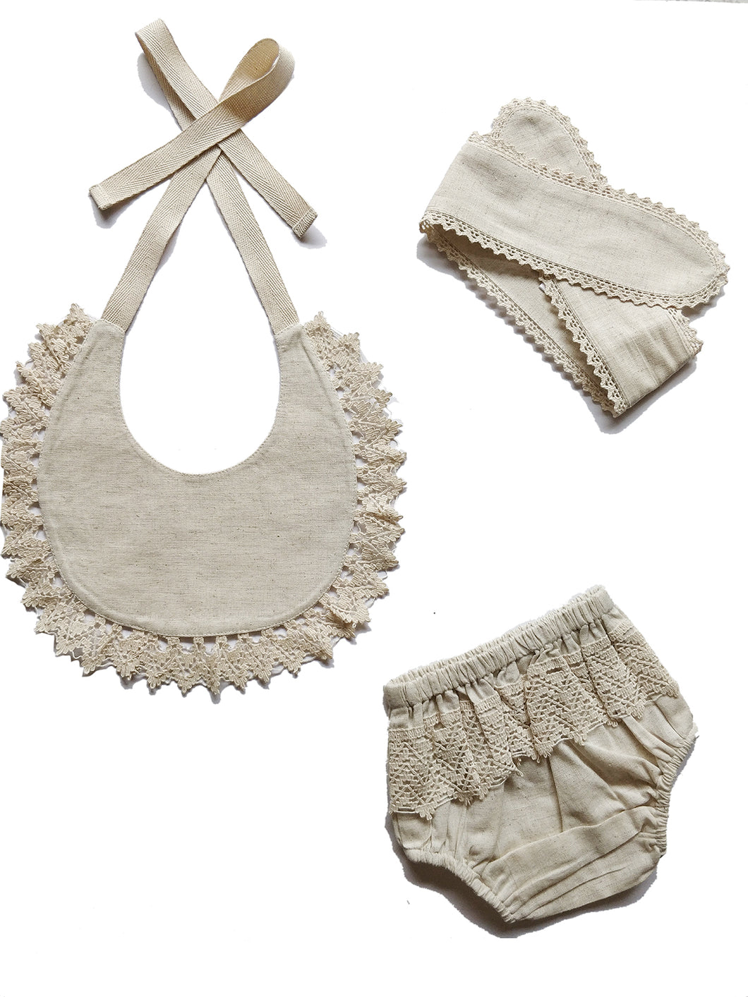 Set of 3 - Crochet Diaper Cover with Matching Bib & Headband in Ivory