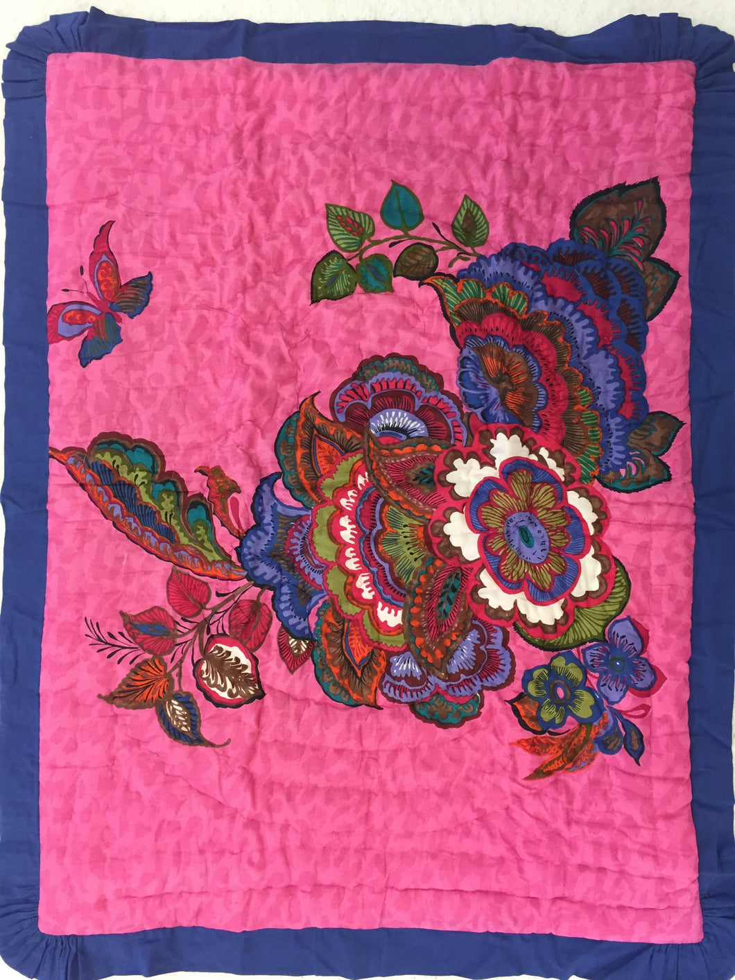 Fuchsia Floral and Butterfly Print Blanket with Blue Trim - Kids Wholesale Boutique Clothing, Blanket - Girls Dresses, Yo Baby Wholesale - Yo Baby