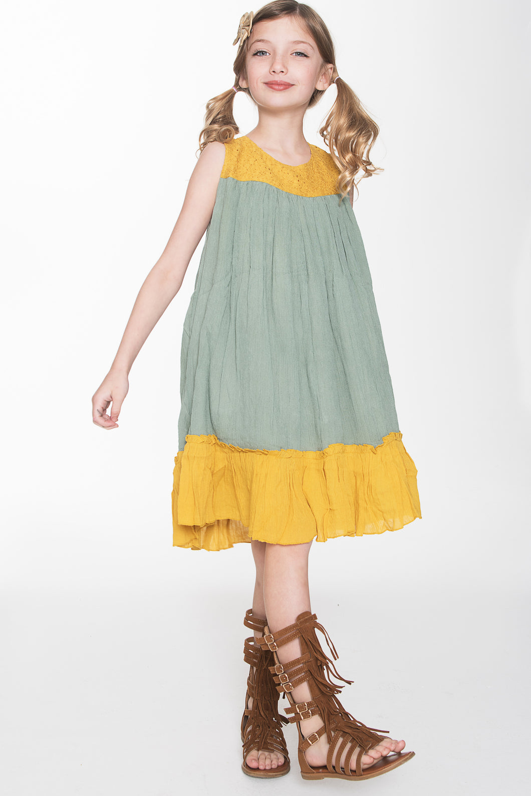 Yellow and Muddy Green Dress - Kids Wholesale Boutique Clothing, Dress - Girls Dresses, Yo Baby Wholesale - Yo Baby
