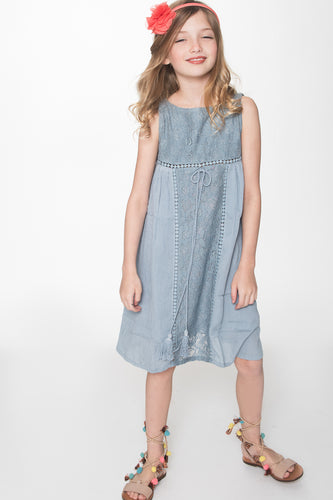 Powder Blue Lace Detail Dress - Kids Wholesale Boutique Clothing, Dress - Girls Dresses, Yo Baby Wholesale - Yo Baby