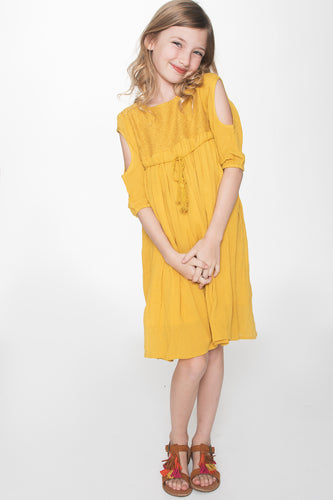 Mustard Yellow Lace Detail Cold Shoulder Dress - Kids Wholesale Boutique Clothing, Dress - Girls Dresses, Yo Baby Wholesale - Yo Baby