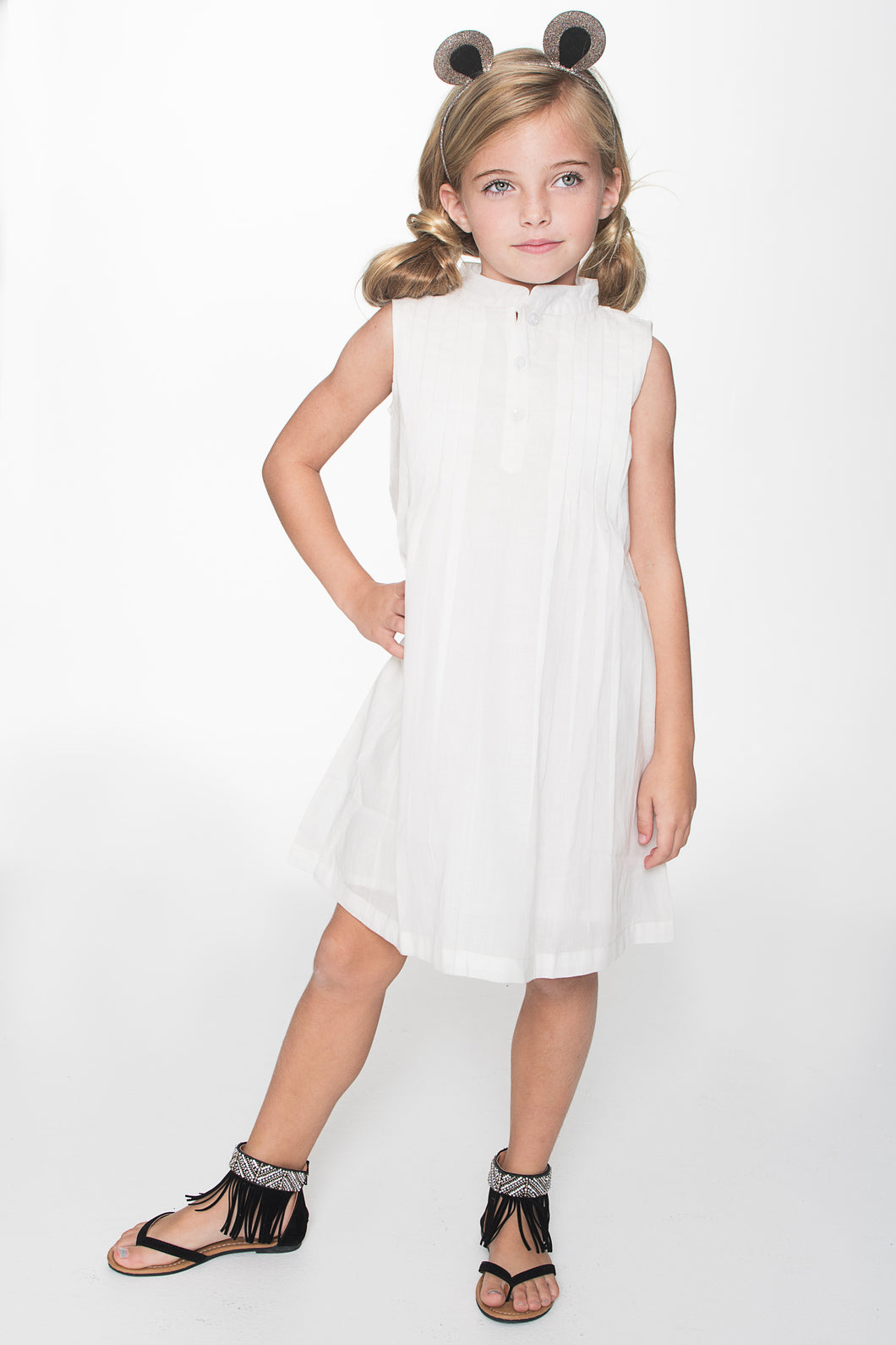 Off-White Pin-tuck Detail Dress - Kids Wholesale Boutique Clothing, Dress - Girls Dresses, Yo Baby Wholesale - Yo Baby