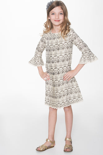 Grey and Off-white Ikat Box Pleat Lace Detail Dress - Kids Wholesale Boutique Clothing, Dress - Girls Dresses, Yo Baby Wholesale - Yo Baby